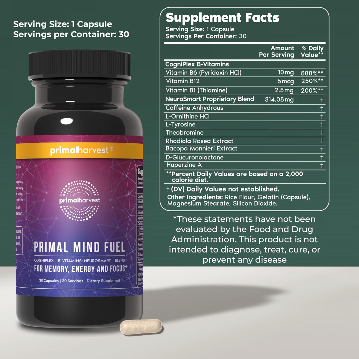 Brain Supplement by Primal Harvest, Primal Mind Fuel Brain Booster for Focus, Energy, Clarity, and Brain Health 30 Capsules Nootropics Brain Support Supplement for Men and Women Primal Harvest buy supplements Au