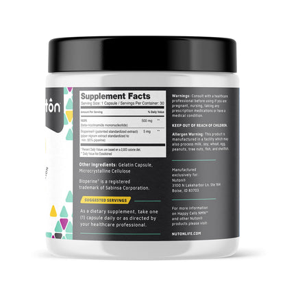 Nuton Happy Cells - NMN Supplement with Bioperine for Healthy Aging & Cellular Repair - NAD+ Supplement - Protects DNA, Promotes Skin Health & Brain Function