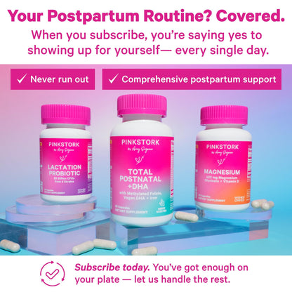 Pink Stork Total Postnatal Vitamins for Women | Vegan DHA, Iron, Folate, B12 | Postpartum Recovery Essentials | Lactation Support for Breastfeeding Moms