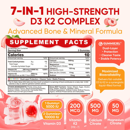 Vitamin D3 K2 Gummies 5000IU / 10,000 IU with 500mg Calcium + K2(MK-7) 200mcg, Magnesium, Vitamin C & Zinc, Extra Strength - Ultimate Absorbency for Bones