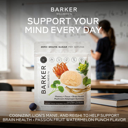Barker Wellness Mushroom Adaptogen Gummies for Memory & Focus, Brain Health Supplement with Lion's Mane, Cordyceps, Cognizin, Vegan, Sugar-Free Passion Fruit Watermelon Flavor- 60 Count