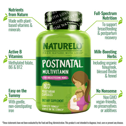 NATURELO Postnatal Multivitamin - Supplement for Breastfeeding Women - Plant-Based Vitamin D, Folate, Gentle Iron NATURELO