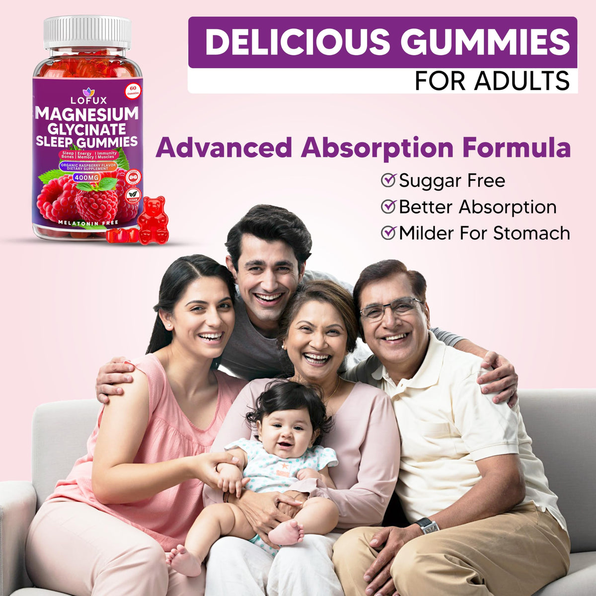 Lofux Magnesium Glycinate Gummies 400mg, Sugar Free Magnesium Gummies for Adults Women, Men, Chewable Supplement Gummy with L-Threonate, Vitamin D, B6, CoQ10 - for Calm, Sleep, Body Relaxation, 120 Ct LofuxBuy Supplements Australia