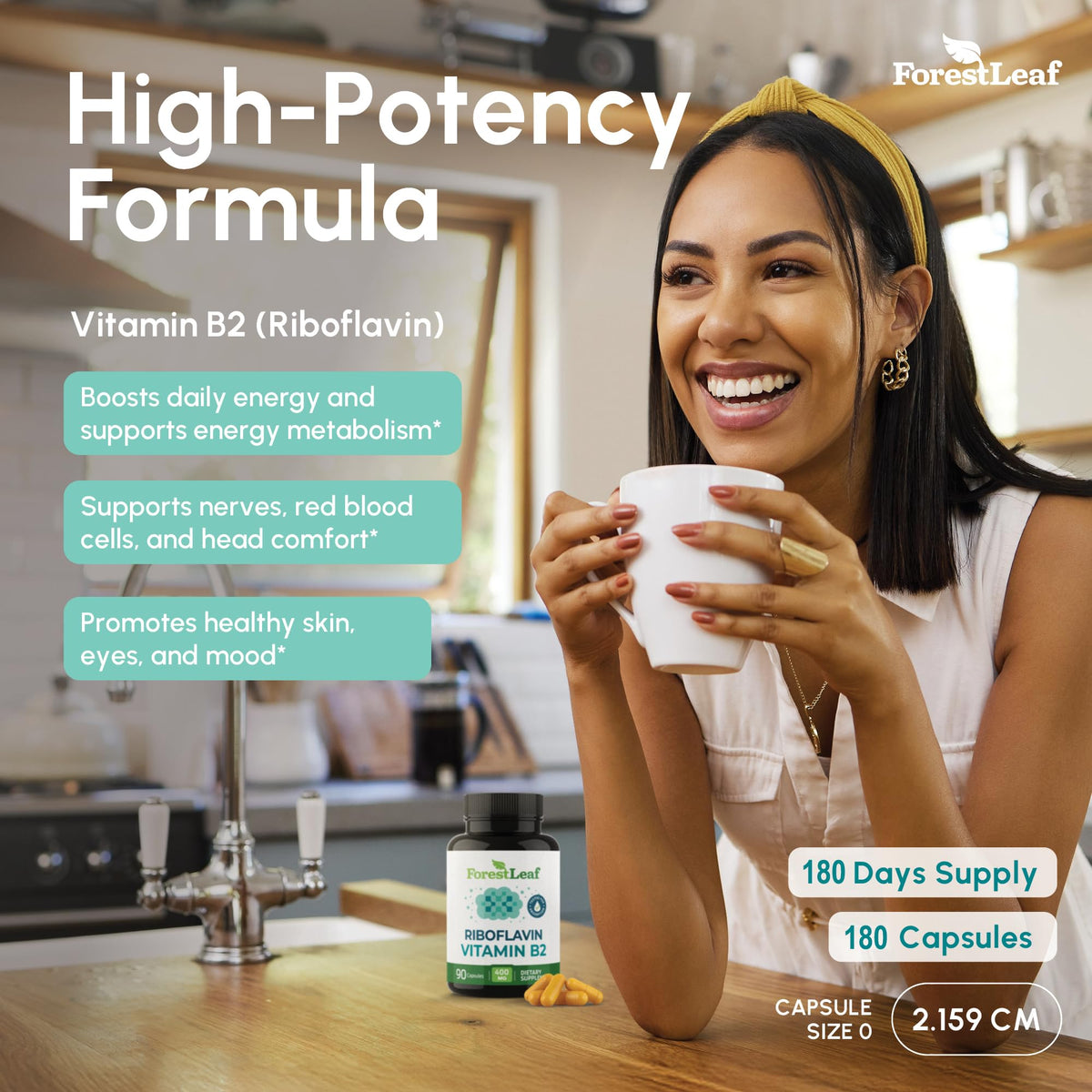 Vitamin B2 Riboflavin 400mg - Energy, Skin & Cellular Health Supplement - Nervous System Support - Vitamin B 2 Vit B - Non-GMO & Gluten Free - B2 Vitamin 400mg