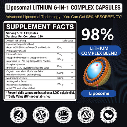 Lisopomal Lithium Orotate Complex Capsules, Lithium Orotate 20 mg, Magnesium Glycinate & Ashwagandha, Brain Health Supplements for Cognitive, Mood & Memory