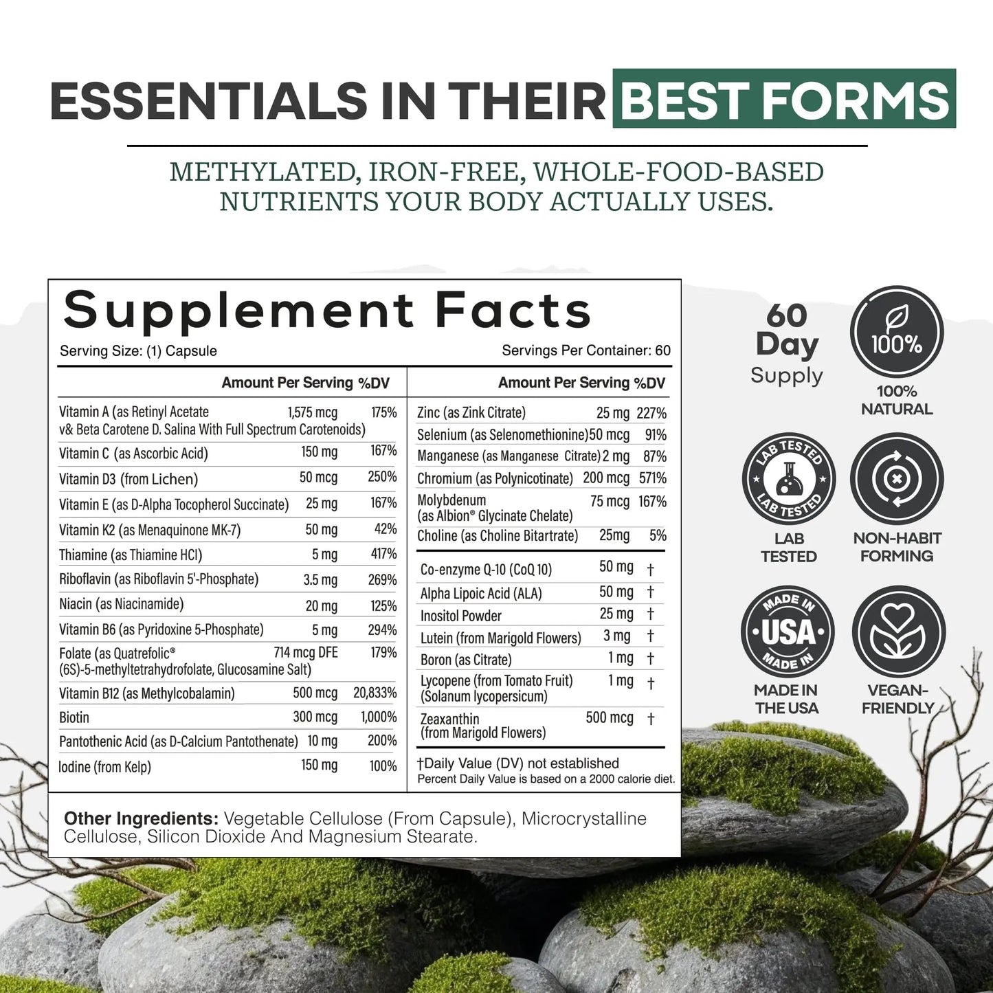 Wild Methylated Multivitamin for Women & Men | Daily Multi Vitamin | MTHFR Supplement Without Iron | Methylated B12, Folate, Vitamin C, A, K2, D, E Wild Foods