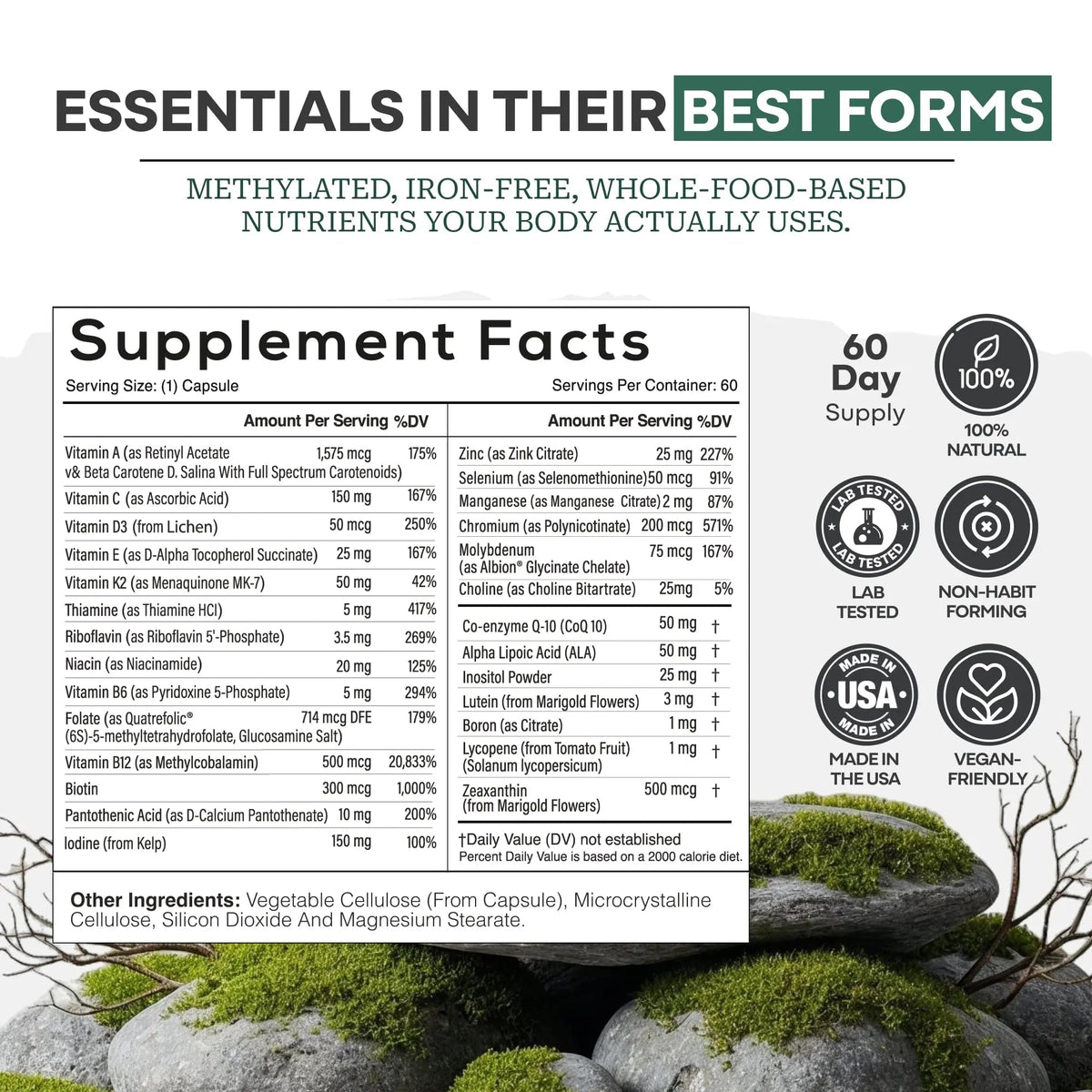 Wild Methylated Multivitamin for Women & Men | Daily Multi Vitamin | MTHFR Supplement Without Iron | Methylated B12, Folate, Vitamin C, A, K2, D, E Wild Foods