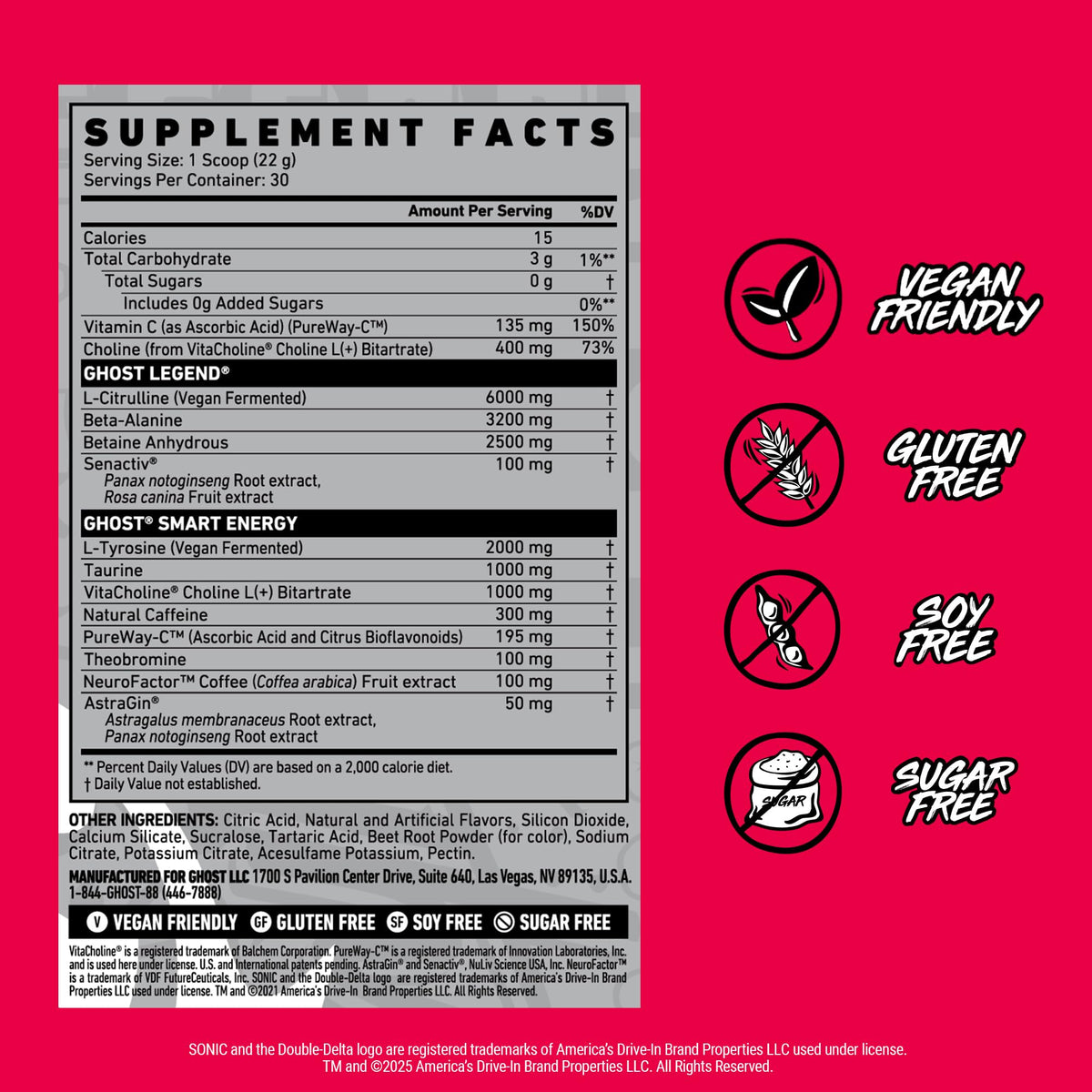 GHOST Legend Pre Workout Powder, Sonic Cherry Limeade - 30 Servings – Pre-Workout for Men & Women with Choline, L-Citrulline,