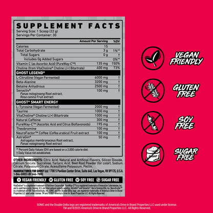 GHOST Legend Pre Workout Powder, Sonic Cherry Limeade - 30 Servings – Pre-Workout for Men & Women with Choline, L-Citrulline,