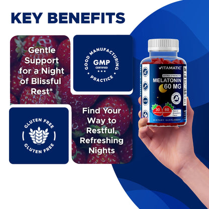 Vitamatic Sugar Free Melatonin 60 mg - 60 Vegetarian Gummies - Non-Habit Forming Supplement