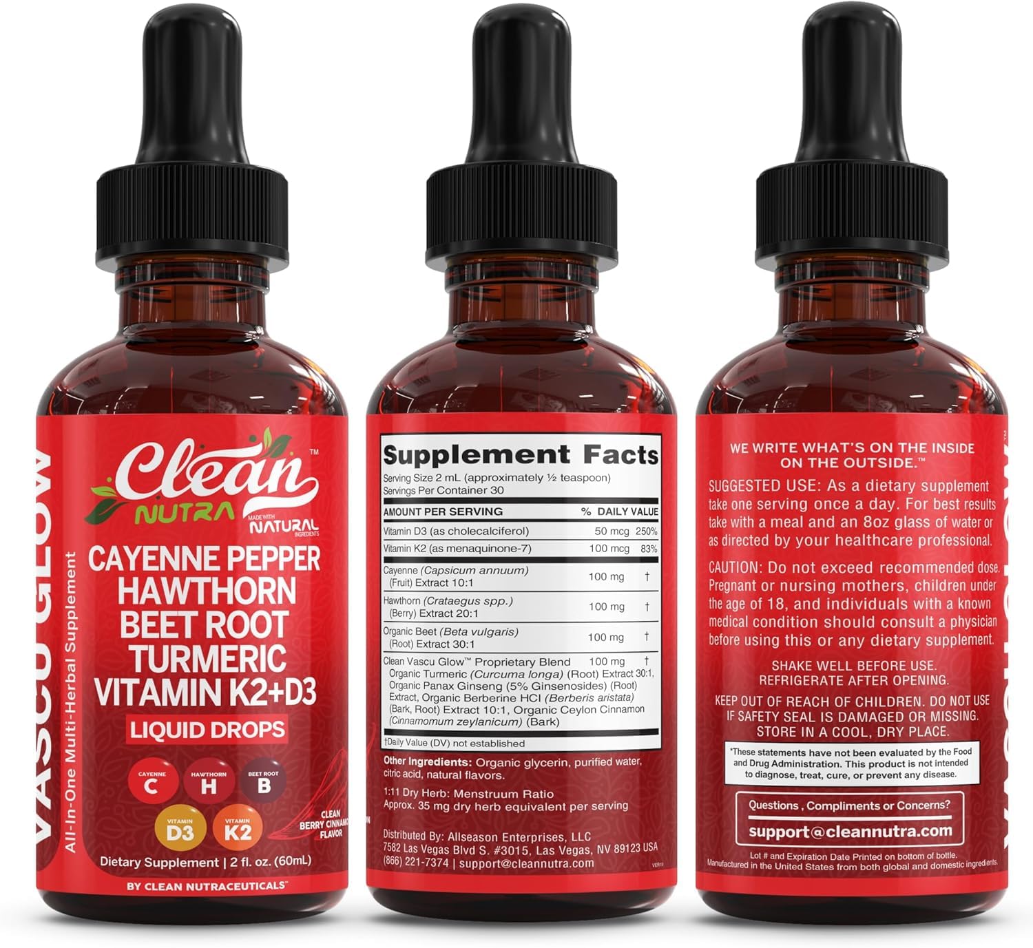 Clean Nutra Cayenne Pepper Drops Supplement Liquid + Hawthorn Berry, Vitamin D3 K2 Beet Root Powder, Ceylon Cinnamon, Turmeric Curcumin, Organic Panax Ginseng, Berberine Extract 1 Pack Clean Nutraceuticals buy supplements Au