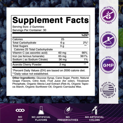 Vitamatic Iron 65 mg Gummies Supplement for Women & Men - 60 Vegan Gummies - Great Tasting Iron Gummy Vitamins with Vitamin C (1)