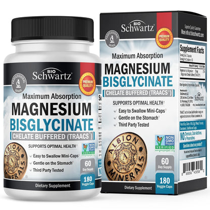 Magnesium Bisglycinate Chelated Supplement - High Absorption Magnesium Glycinate Supplement for Women and Men - Sleep, Muscle, Bone & Joint Support - Non-GMO, Non-Laxative Chelate - 180 Capsules BioSchwartzBuy Supplements Australia