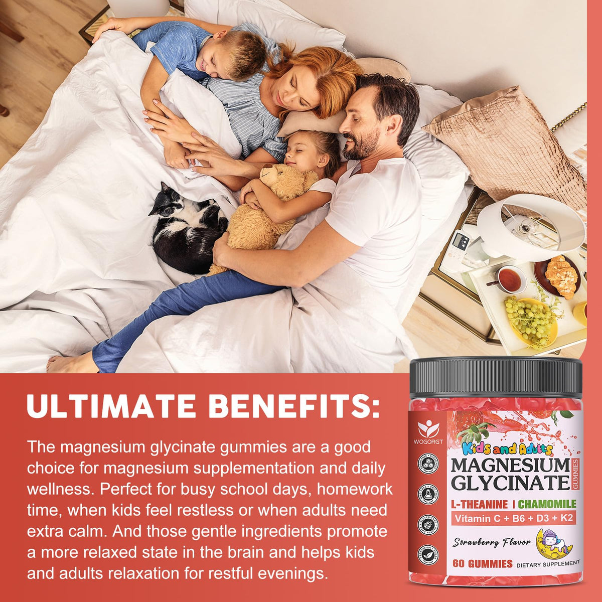 Magnesium Glycinate Gummies for Kids & Adults - Relaxation & Cognition Support - 400/200mg Magnesium Supplement with L-Theanine, Chamomile, B6, D3 & K2 - Vegan, Sugar Free, Strawberry Flavor, 60 Ct WOGORGTBuy Supplements Australia