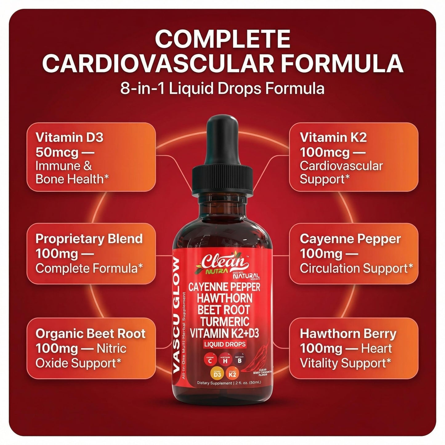 Clean Nutra Cayenne Pepper Drops Supplement Liquid + Hawthorn Berry, Vitamin D3 K2 Beet Root Powder, Ceylon Cinnamon, Turmeric Curcumin, Organic Panax Ginseng, Berberine Extract 1 Pack Clean Nutraceuticals buy supplements Au