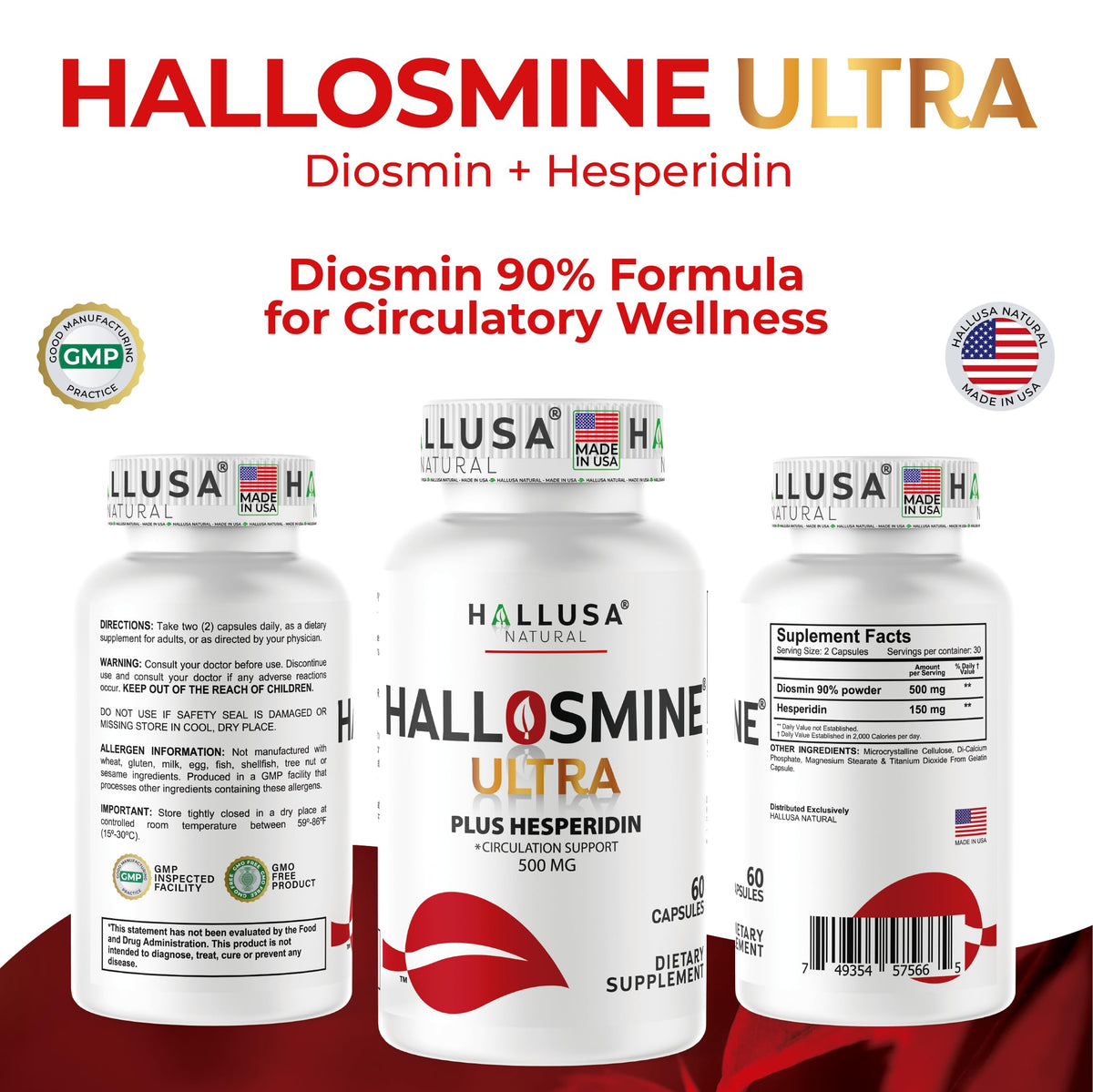 Hallusa Natural Hallosmine Ultra Diosmin 500mg & Hesperidin 150mg – Heavy Legs, Swelling & Vein - Blood Circulation Supplements, 60 Caps Hallusa NaturalBuy Supplements Australia