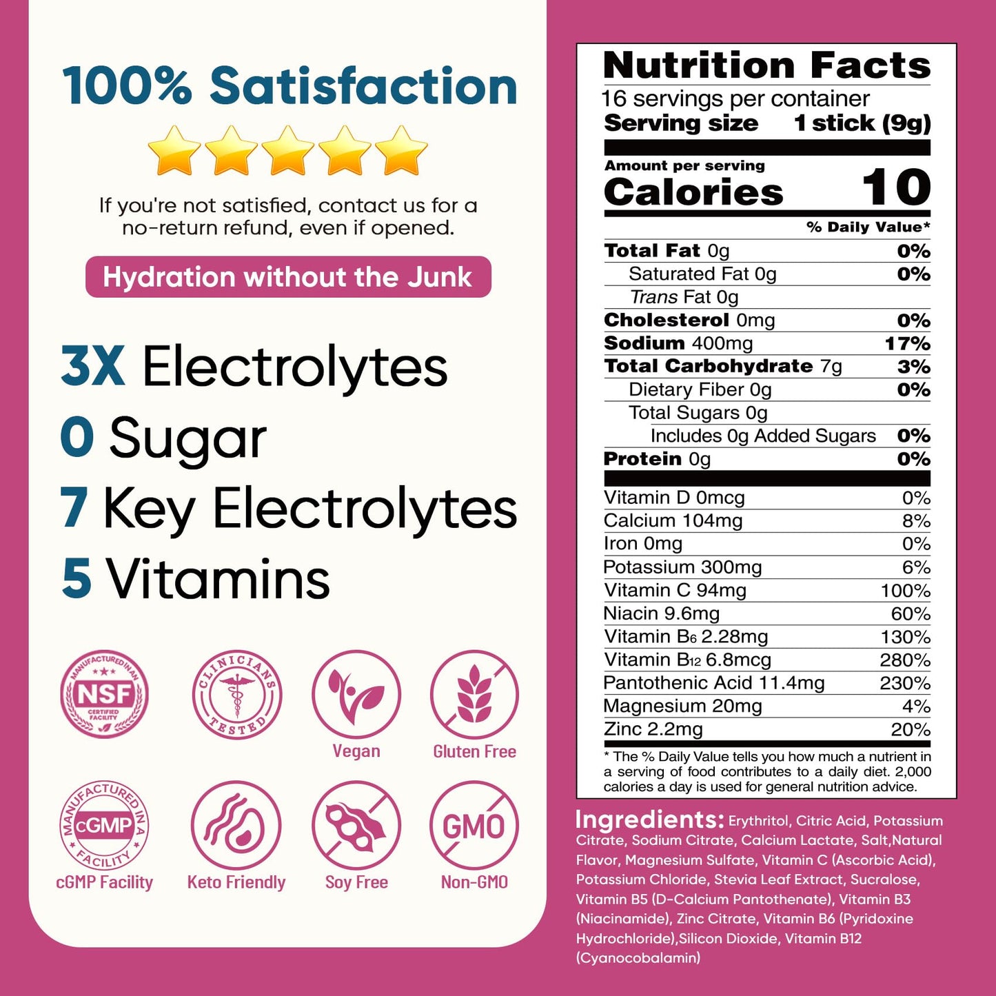 Venture Pal Sugar Free Electrolyte Powder Packets - Liquid Daily IV Hydration Packets | Electrolytes Drink Mix with 5 Vitamins & 7 Electrolytes | Keto Friendly | Non-GMO | Certified Vegan | 16 Sticks