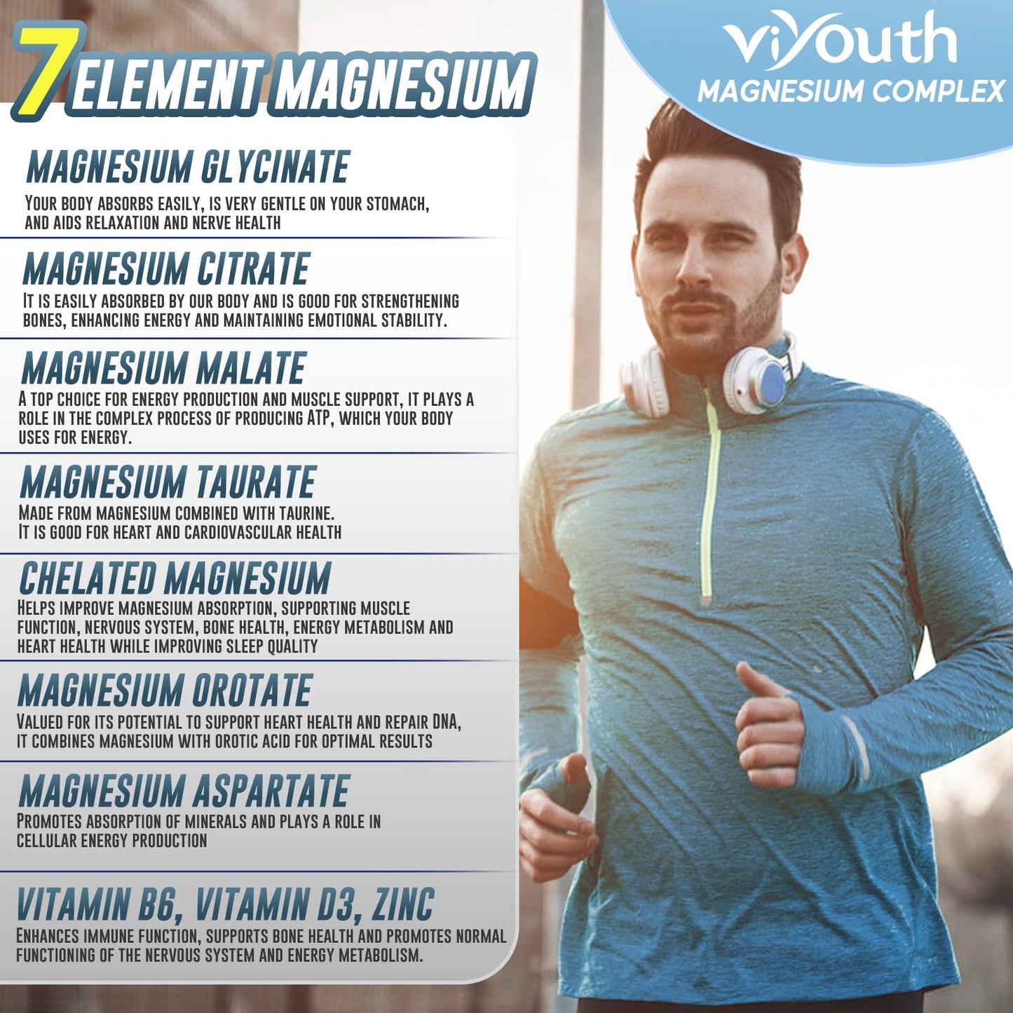 Magnesium 7 Complex Supplement Advanced with 7 Forms of Magnesium (Glycinate, Malate, Chelate, Aspartate, Orotate, Taurine, Citrate), Zinc, Vitamin D3 & Vitamin B6 for Sleep & Muscle, 60 Capsules VIYOUTH buy supplements Au