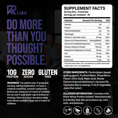 KR Labs Zero Carb 100% Pure Whey Isolate Protein Gummies | 300g Total Protein per Bag | 10g per Serving Plant Based with Vitamins for Men & Women