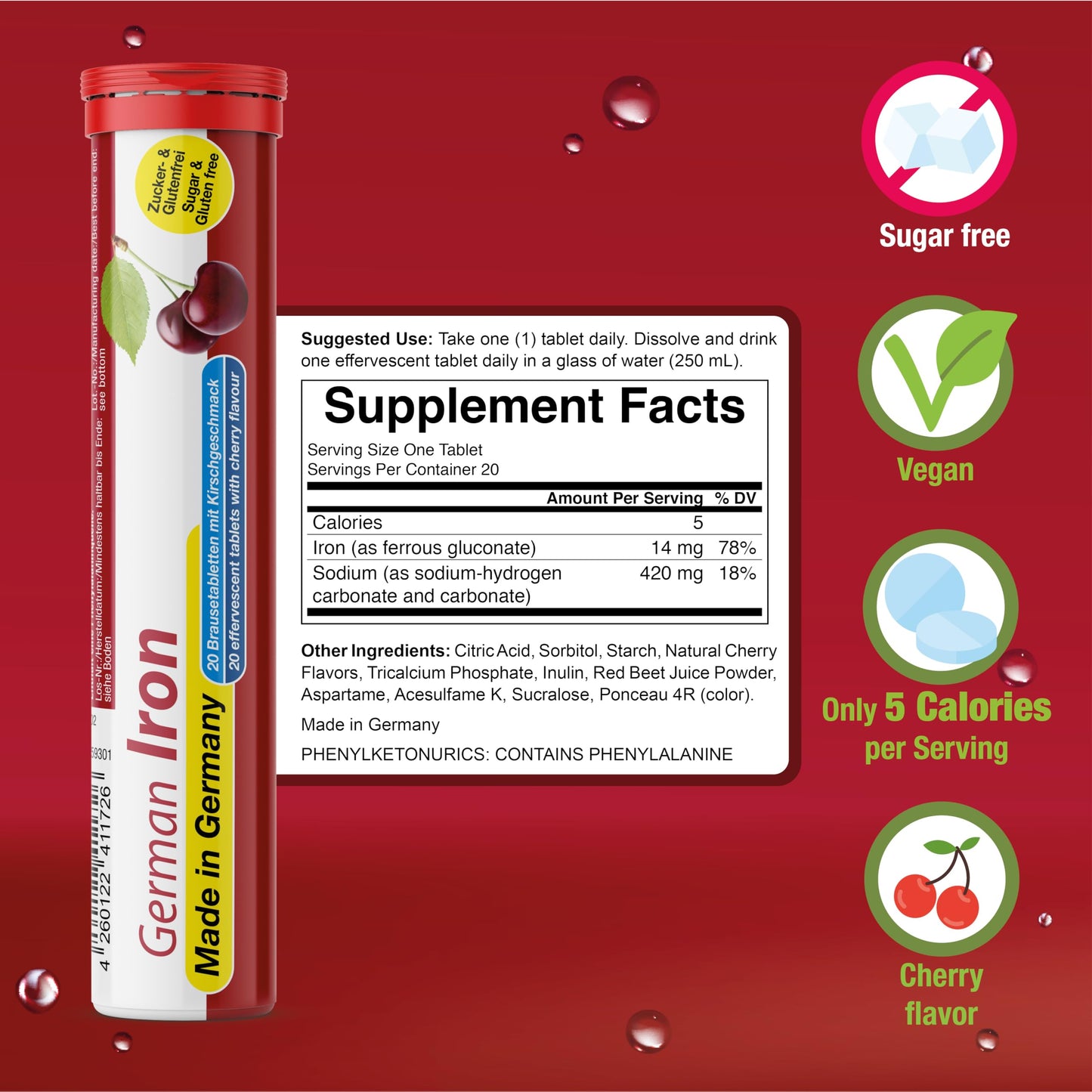 T&D German Iron 14 mg - 60 Vegan Drink Effervescent Tablets - Cherry Flavor - Made in Germany T&D buy supplements Au