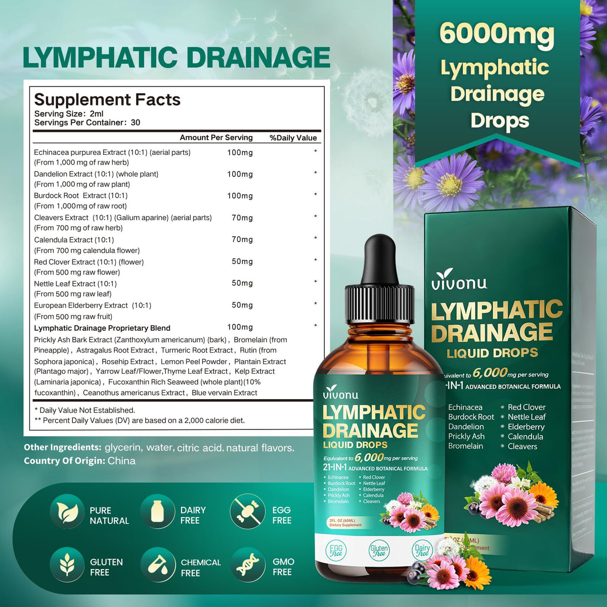 21-in-1 Lymphatic Drainage Drops for Liposomal, Immune & Lymph System Support Supplement for Women & Men with Echinacea, Dandelion, Burdock, Bromelain, Calendula, Turmeric & More, 2 FL OZ VivoNu buy supplements Au