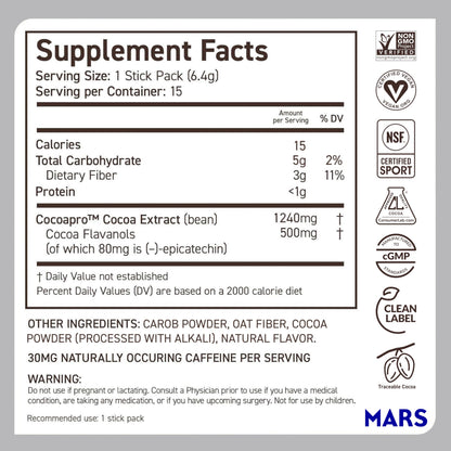 CocoaVia Cocoa Flavanols 500mg, High Flavanol Cocoa Powder, Support Heart and Brain Health, Boosts Nitric Oxide, Circulation, Preworkout, Travel-Friendly, Vegan, Dark Chocolate, 15 Single Serve Sticks
