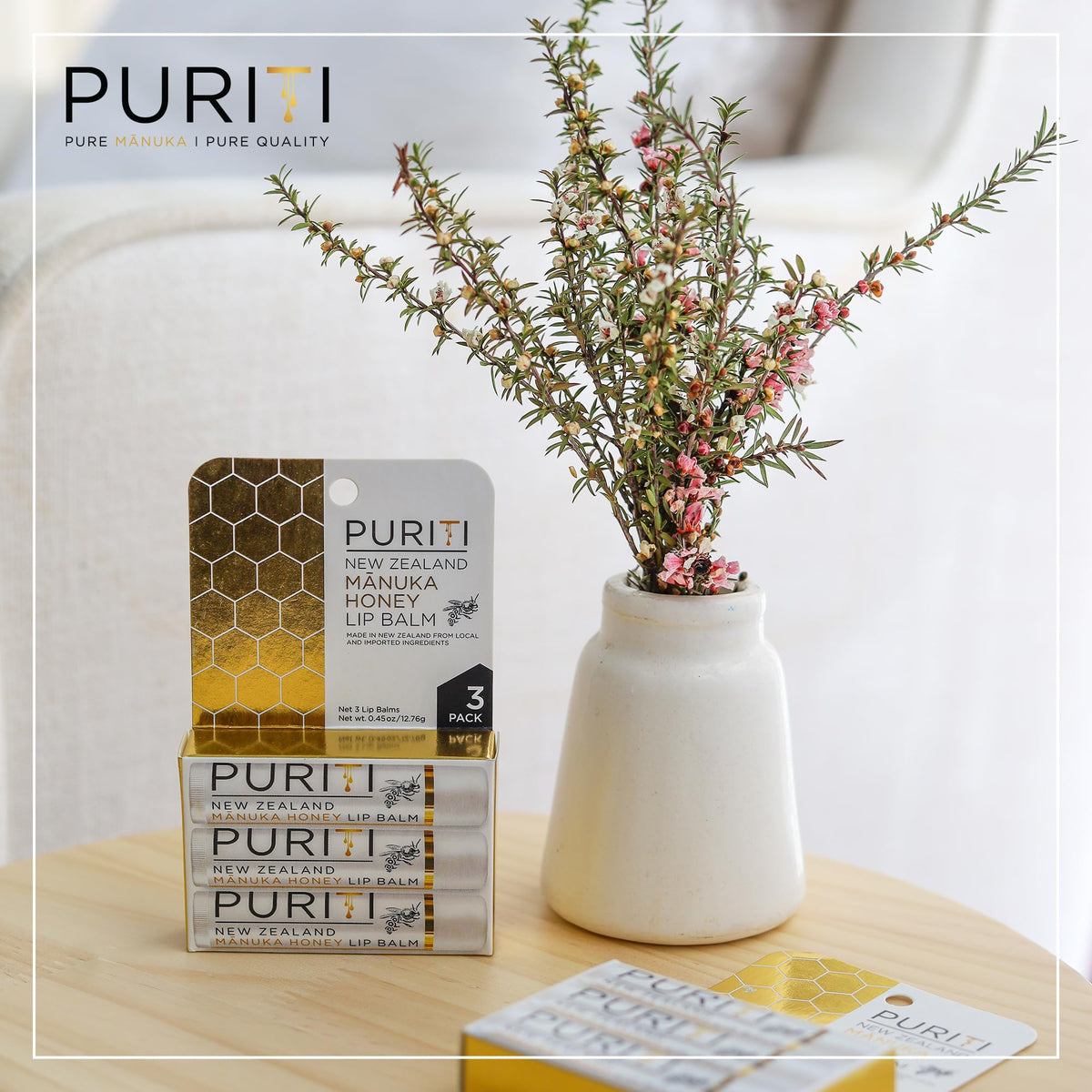 PURITI Manuka Honey Lip Balm – 3pack Soothing & Moisturizing, Enriched with Almond