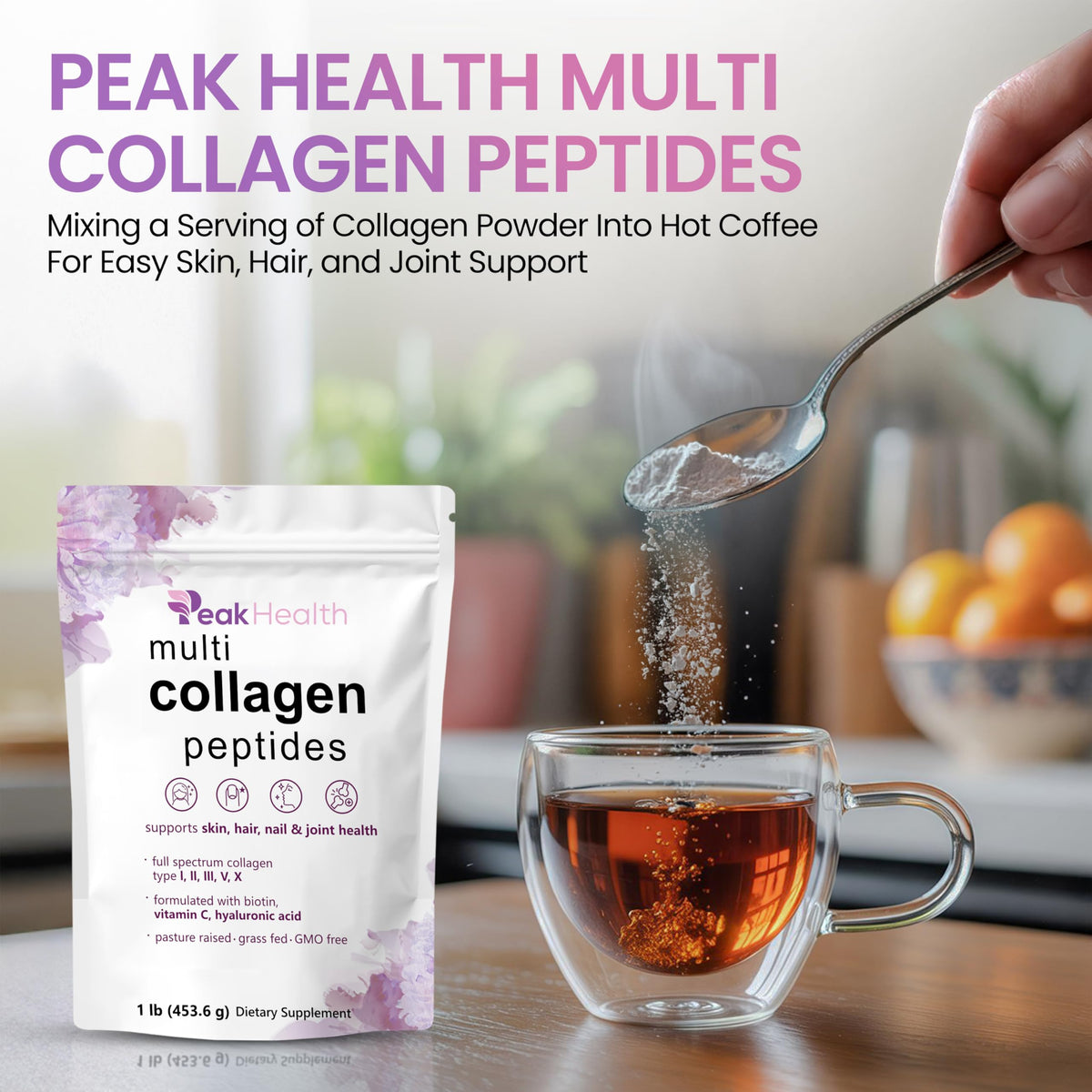 Multi Collagen Peptides Powder, 1 Pounds collagen powder- Type I,II,III,V,X with Biotin 10000mcg, Hyaluronic acid powder, Vitamin C - Unflavored Collagen Protein Powder