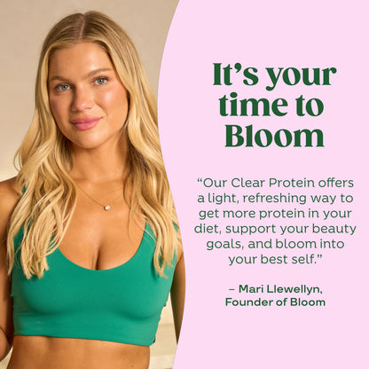 Bloom Clear Protein, Whey Protein Isolate with Collagen Peptides and Digestive Enzymes, 20g Protein, Sugar Free Post Workout Drink Mix, 90 Calories,