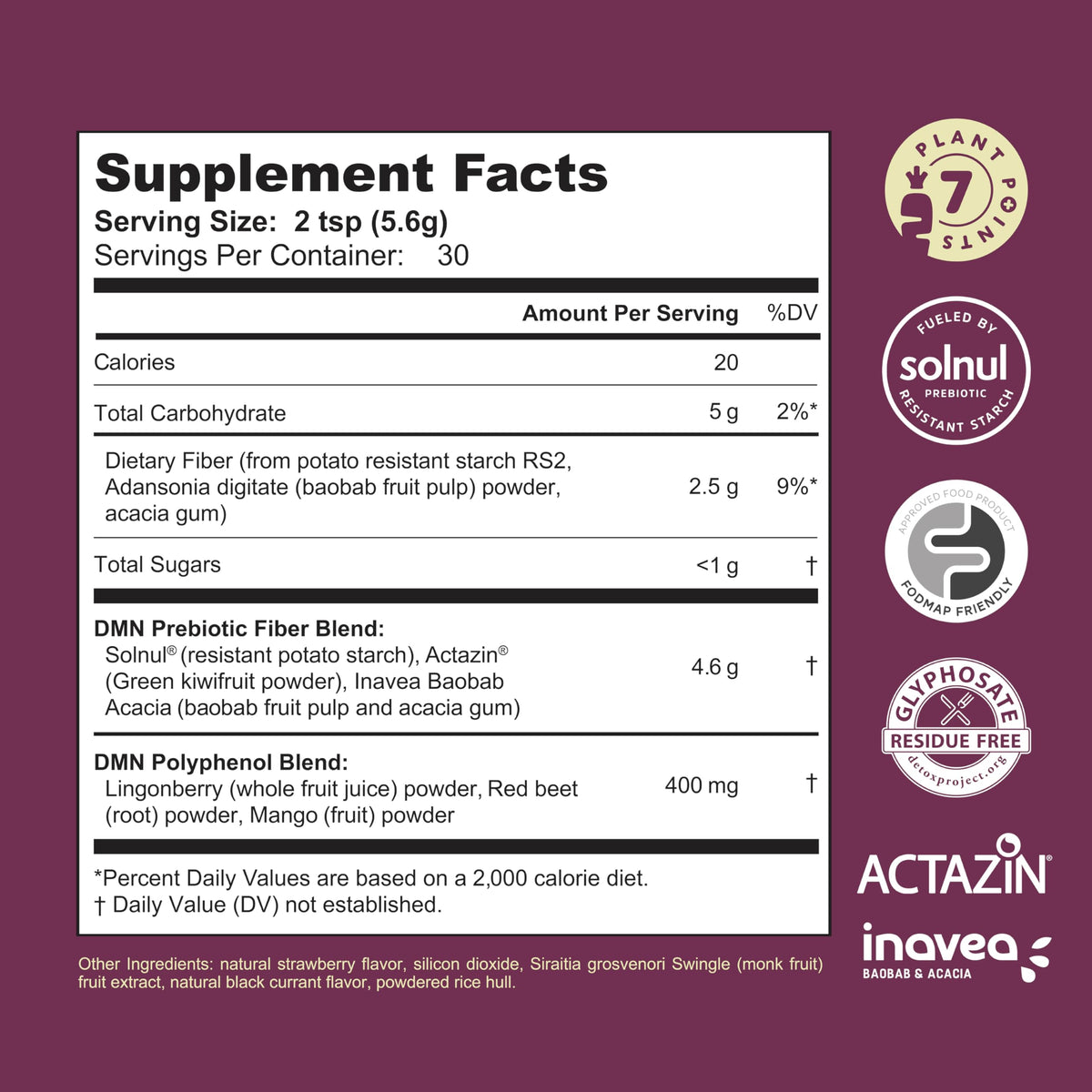 38TERA DMN (Daily Microbiome Nutrition), 6 Oz, Plant-Based Fiber Powder with 3 Different Prebiotics, Helps Digestive & Gut Health, Low FODMAP Supplement, Vegan, Wild Berry Flavor, 30 Servings