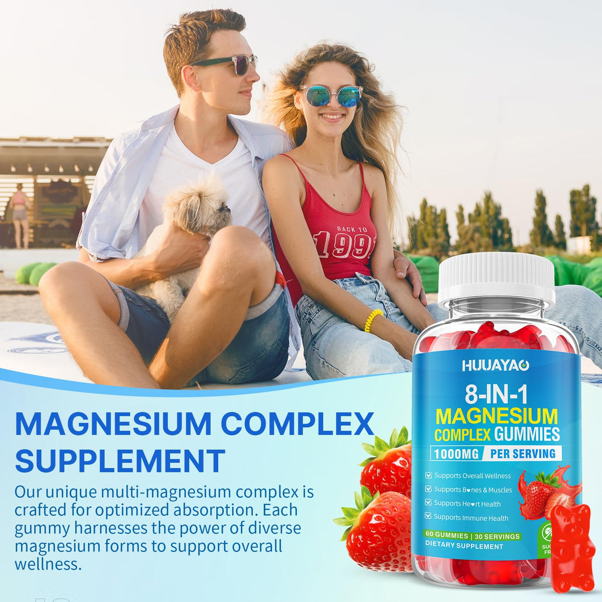 Magnesium Complex Gummies for Women Men 8 in 1, Magnesium Glycinate, Citrate, Malate, Taurate, Supports Bones, Muscle, Nerve Health, Sugar-Free, Vegan Non-GMO, Strawberry Flavor, 120 Count HUUAYAO buy supplements Au