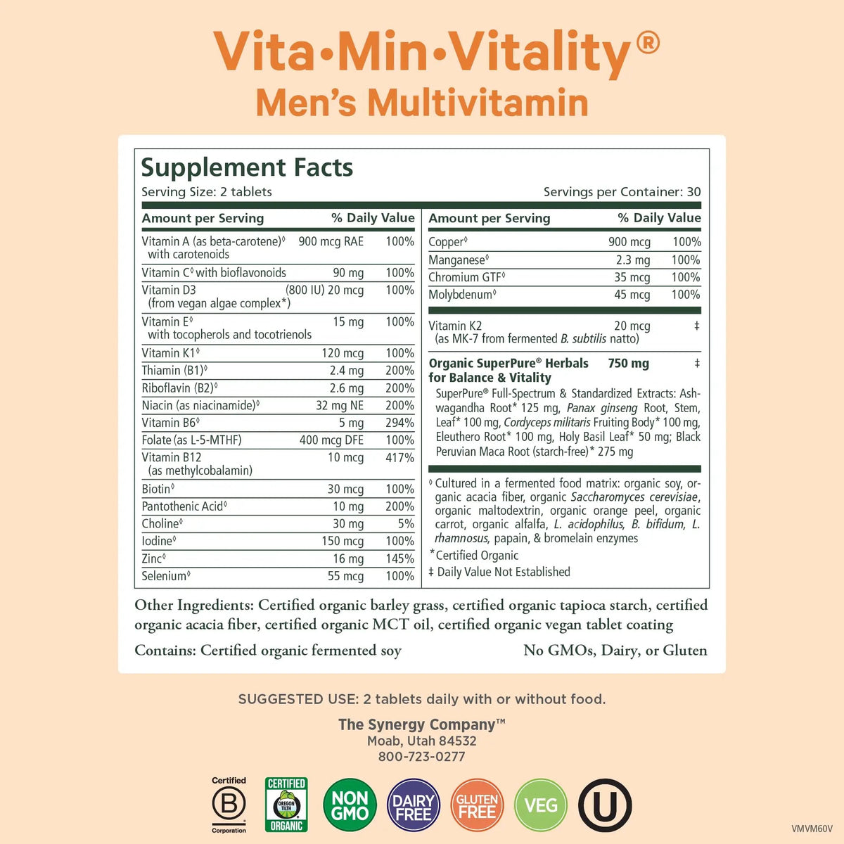 PURE SYNERGY Vita·Min·Vitality | Natural Multivitamin for Men | Men’s Daily Multivitamin Made with Organic Whole Foods | PURE SYNERGY