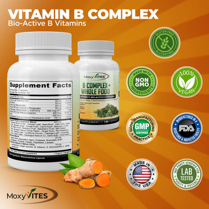 MoxyVites Vitamin B Complex - B Vitamins Whole Food Supplement, B12 Methylcobalamin, B1, B2, B3, B5, B6, B7, B9 - for Stress