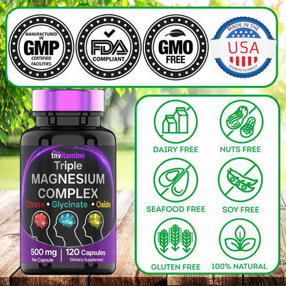 Triple Magnesium Complex Supplement 500mg: Magnesium Glycinate, Citrate, & Oxide - 120 Capsules (4 Month Supply!) | 1 Capsule Serving Provides 125% Daily Value | Non-GMO, Made in The USA! tnvitamins buy supplements Au