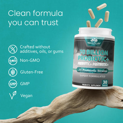 NaturaLife Labs Probiotics 70 Billion CFU – 15 Strains with Organic Prebiotic & Postbiotic – 3-in-1 Formula – 30 Vegan Capsules