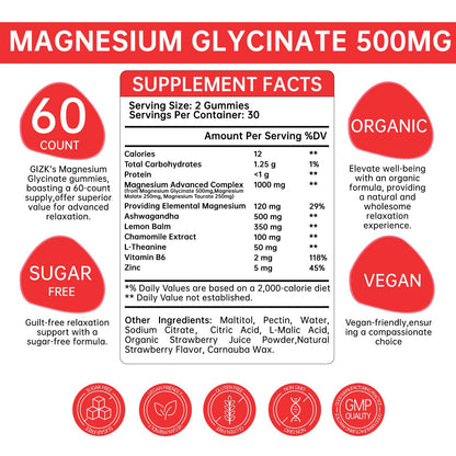 Magnesium Glycinate Gummies 500mg – Sugar Free Magnesium Gummies with L-Theanine - Sleep, Calm, Stress Relief for Adults & Kids 4+