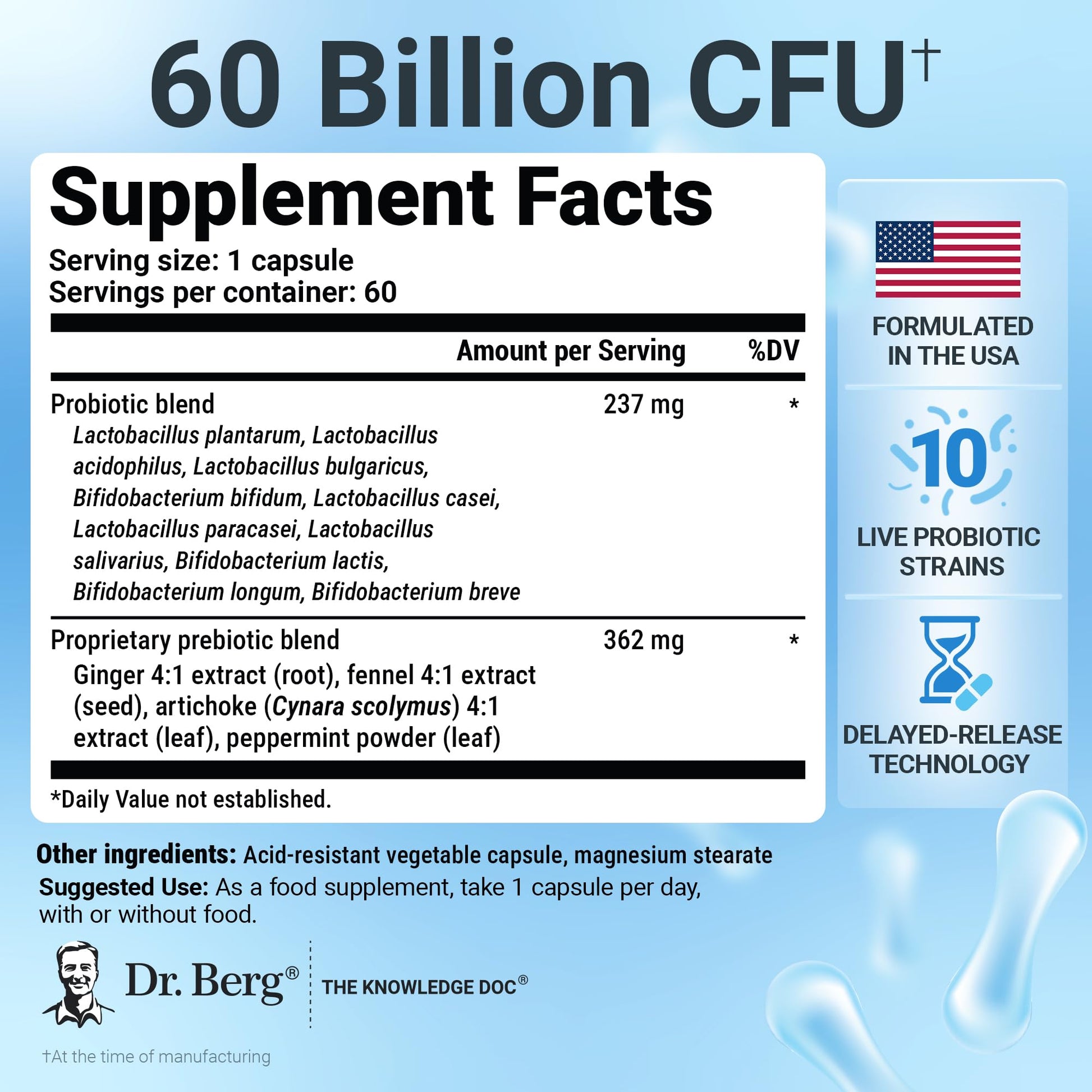 Dr. Berg Probiotic Supplement (60 Billion CFUs) - Helps Ease Occasional Constipation, Diarrhea, Gas & Bloating* - Pre and Probiotics for Digestive Health - 60 Probiotic Capsules Dr. Berg NutritionalsBuy Supplements Australia