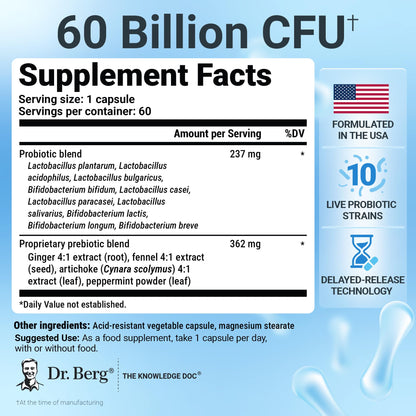 Dr. Berg Probiotic Supplement (60 Billion CFUs) - Helps Ease Occasional Constipation, Diarrhea, Gas & Bloating* - Pre and Probiotics for Digestive Health - 60 Probiotic Capsules Dr. Berg NutritionalsBuy Supplements Australia