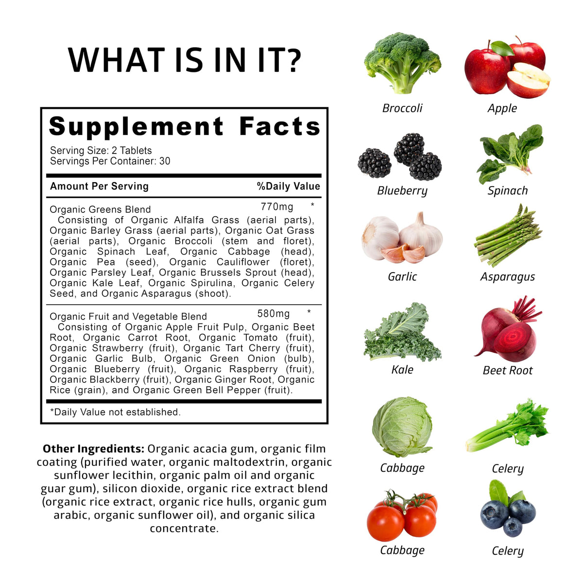 Number One Nutrition USDA Organic and Easy-to-Take Super Greens, Better Than Powder Fruits & Veggies Supplement with 28 Superfood