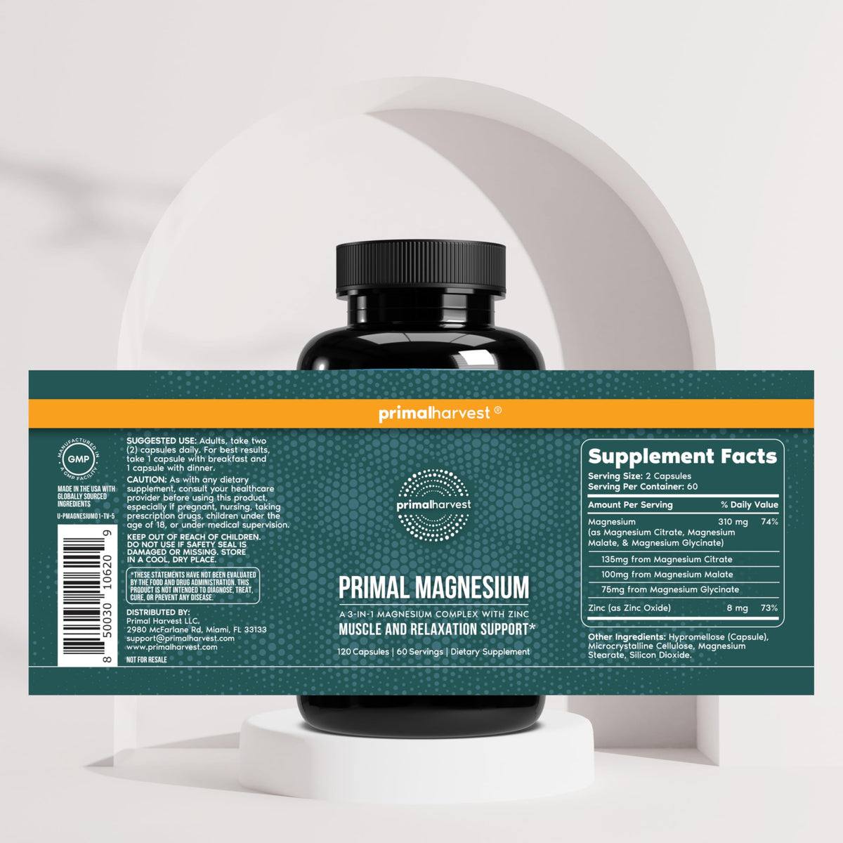 Magnesium Supplement Complex 310mg by Primal Harvest with Magnesium Glycinate, Citrate, Malate, and Zinc 120 Capsules