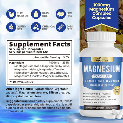 1000mg Magnesium Complex Capsules, 8-in-1 Magnesium Glycinate, Citrate, Malate, Taurate, Oxide, Carbonate, Aspartate, Orotate - 240 Capsules VivoNu buy supplements Au