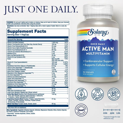 SOLARAY Once Daily Active Man Multivitamin - Cellular Energy and Immune Support Supplement w/Vitamin D, Vitamin C, B12, B6, Zinc, Lutein SOLARAY