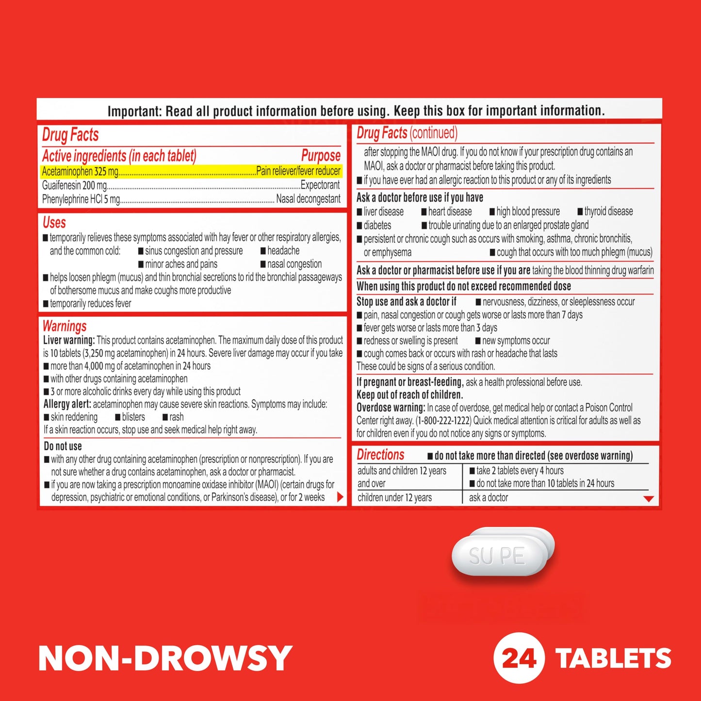 Sudafed PE Head Congestion + Mucus Relief Tablets for Sinus Pressure, Congestion, & Headache, Non-Drowsy Decongestant with Acetaminophen, Guaifenesin & Phenylephrine HCI, 24 ct Sudafed buy supplements Au