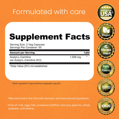 NaturaLife Labs Acetyl L-Carnitine (ALCAR) 1500 mg per Serving – 100 Capsules – Non-GMO, Gluten-Free, Vegan