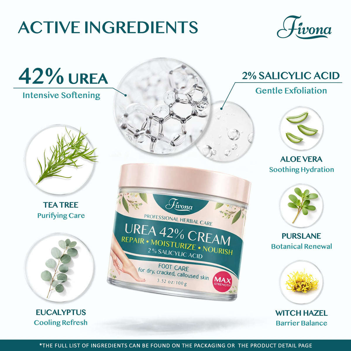FIVONA 42% Urea Foot Cream for Thick, Rough Dry Skin - Maximum Strength Callus Softening with 2% Salicylic Acid, Tea Tree & Aloe Vera, 100g (3.5 oz) - Deep Moisturizing Foot Care