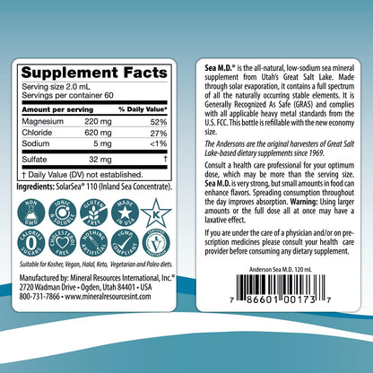 Anderson Sea M.D. Concentrated Trace Mineral Drops, 79 Trace Minerals with Magnesium, Sodium and Chloride Electrolytes - Supports Hydration, Energy