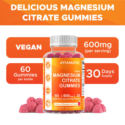 Vitamatic Magnesium Gummies 600mg per Serving – 60 Vegan Gummies – Relaxation, Muscle, Bone & Energy Support – 3 Pack