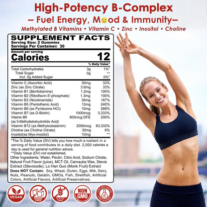 Methylated Vitamin B Complex Gummies 2 Pack, Methyl B12 & Folate with B1, B2, B3, B5, Biotin | Vitamin C, Zinc, Choline & Inositol – B Complex Supplement for Energy
