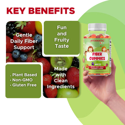 Vitamatic Kids Prebiotic Fiber Gummies – Extra Strength 4g Fiber – Zero Sugar Added – 60 Pectin-Based Gummies – Digestive Health & Regularity Support
