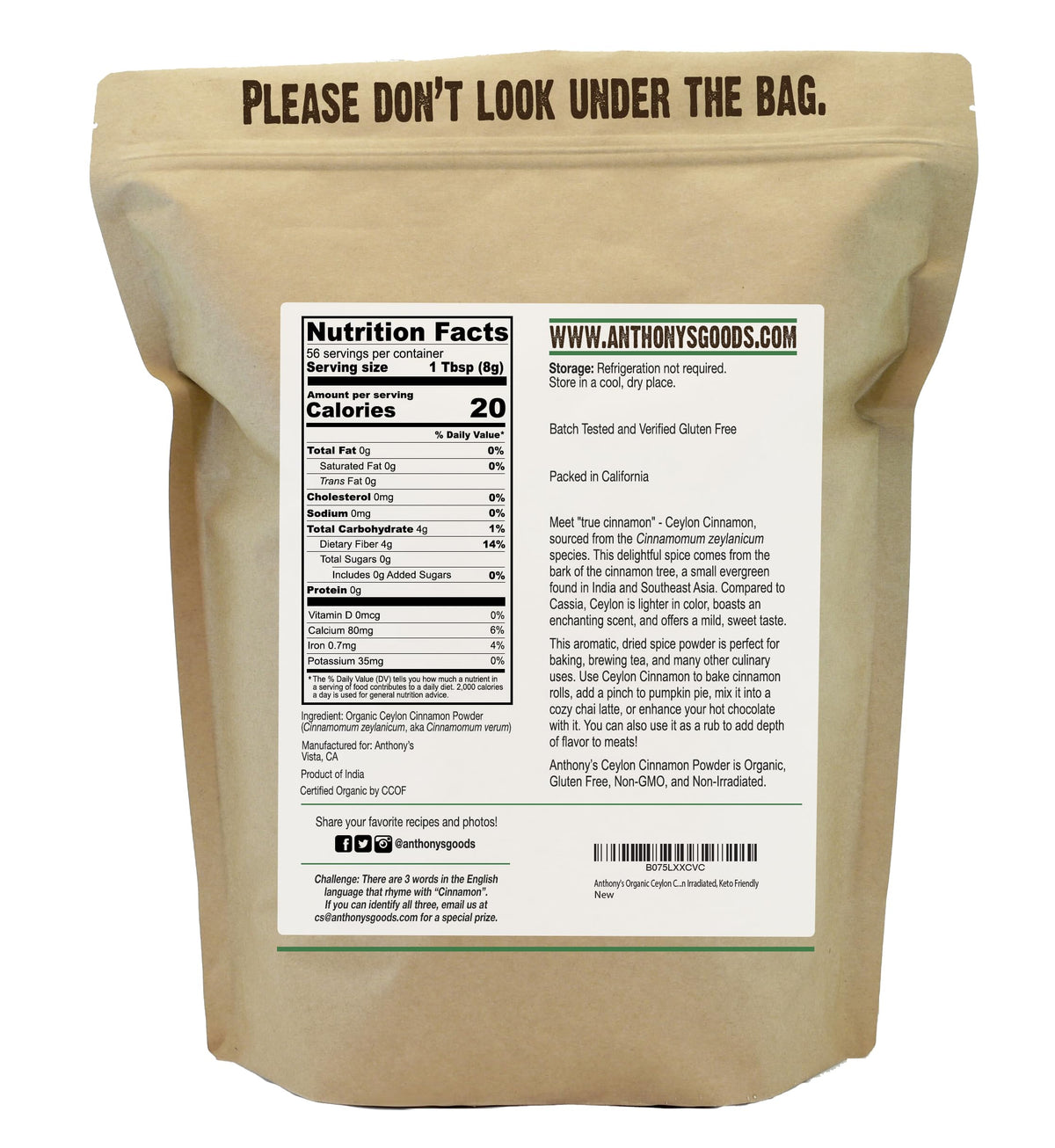 Anthony's Organic Ceylon Cinnamon Powder, 1 lb, Ground, Gluten Free, Non Irradiated, Non GMO, Keto Friendly